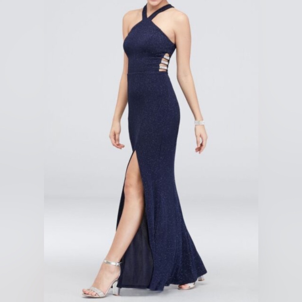 Drop Dead Gorgeous Navy Blue Sparkly Floor length Body Con Prom Dress Size 3